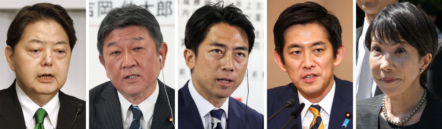 可能出馬參選自民黨黨魁的官房長官林芳正(左起)、前幹事長茂木敏充、農林水產大臣小泉進次郎、前經濟安保大臣小林鷹之、前經濟安全保障大臣高市早苗。法新社