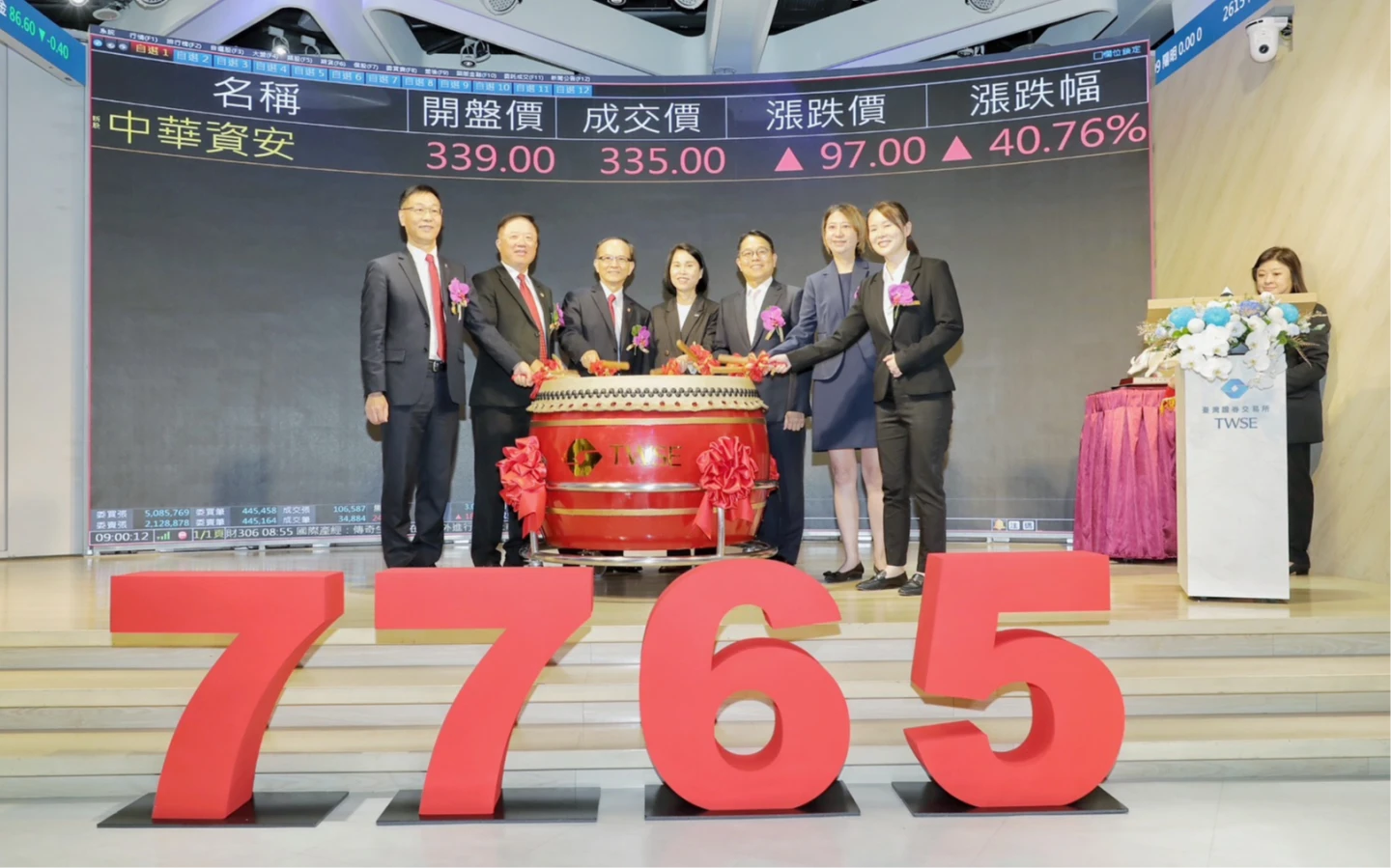 中華資安掛牌首日飆漲44%。董事長陳明仕(左3 )。公司提供