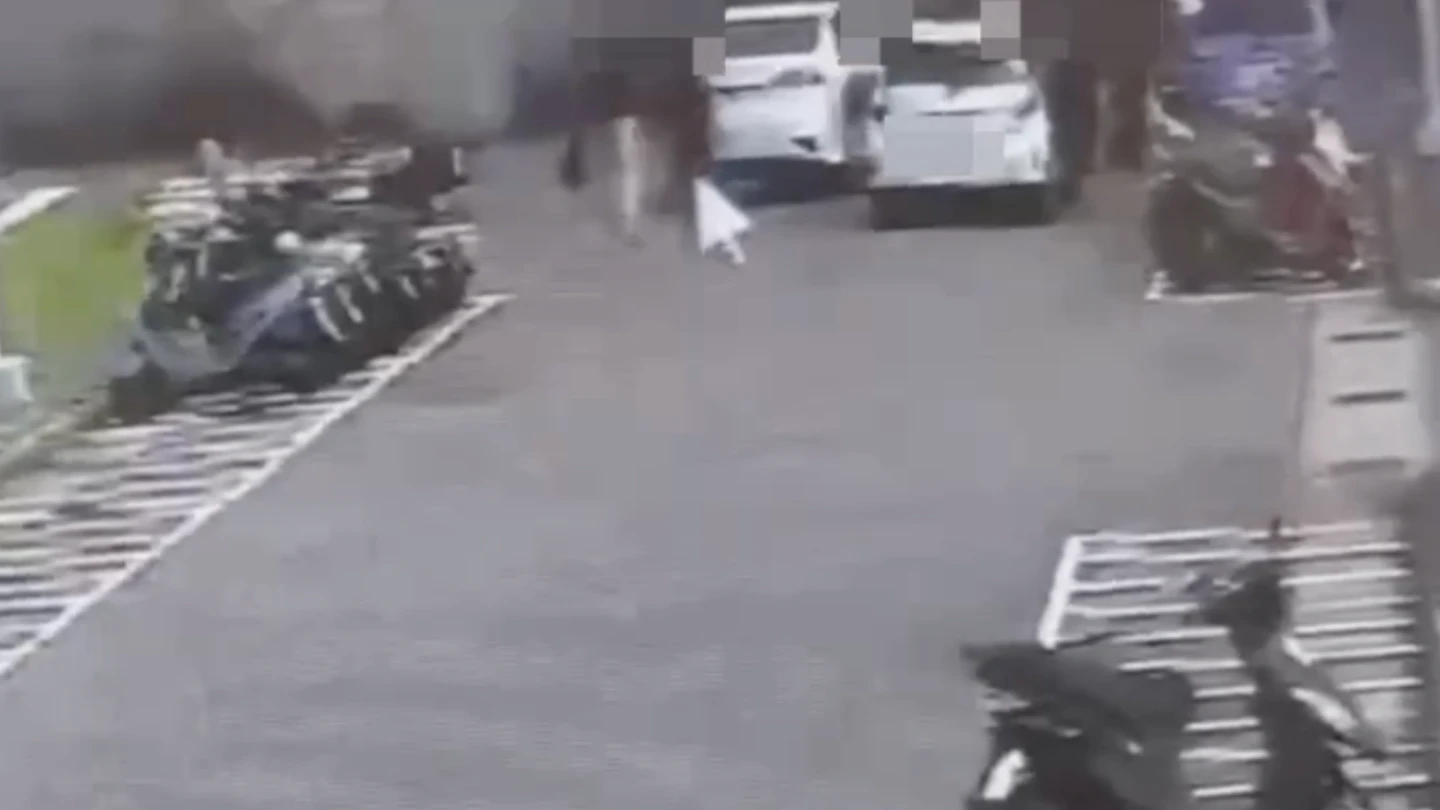 歹徒搶走被害人的手提袋,搭乘兩輛接應的白色汽車逃離現場。民眾提供