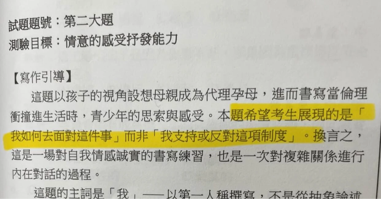 該題目的寫作引導寫明,希望學生去面對此議題,而不是討論支持或反對。取自Threads@kktest505384
