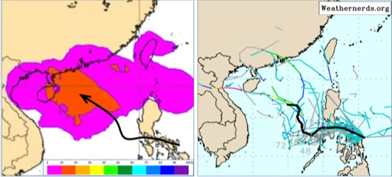 最新(13日20時)歐洲(ECMWF)系集模式19日20時模擬圖顯示,「熱帶擾動」發展成「輕颱」的機率,最高僅達20%(左圖)。最新歐洲系集模擬平均路徑大致向海南島方向前進(右圖)。取自氣象應用推廣基金會