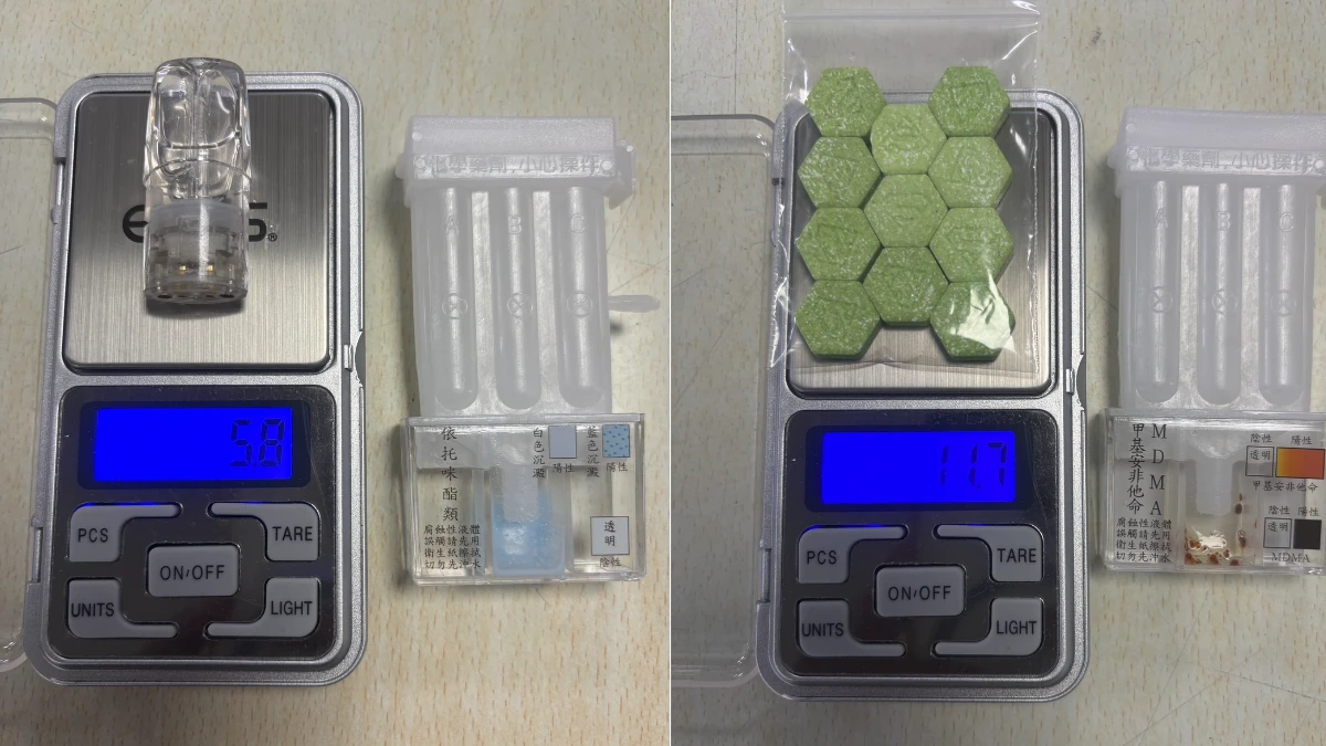 警方查獲二級毒品哈密瓜錠11顆(右)、依托咪酯煙彈1顆(左)等毒品。民眾提供