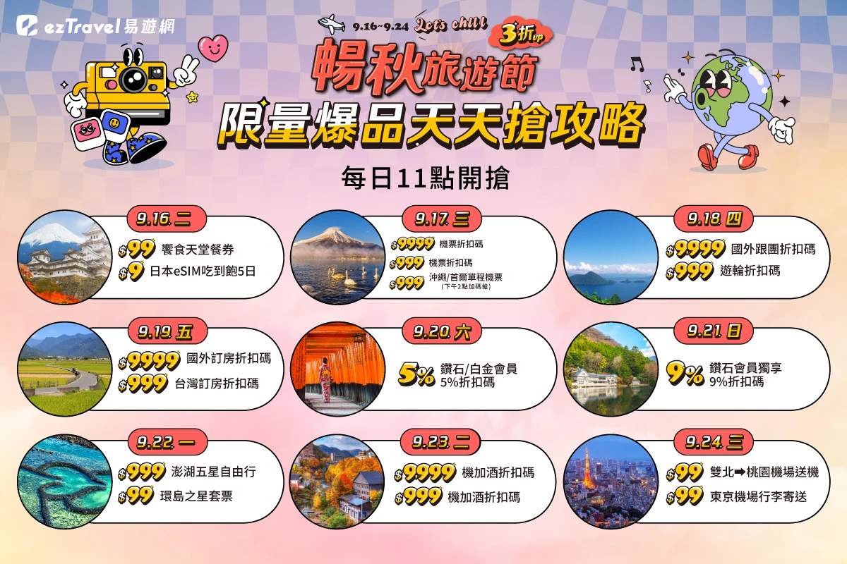 易遊網「暢秋旅遊節」線上旅展限量爆品天天11點開搶。易遊網提供