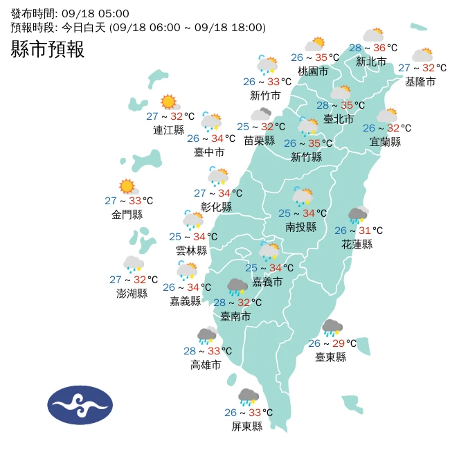 今各地氣溫。中央氣象署提供