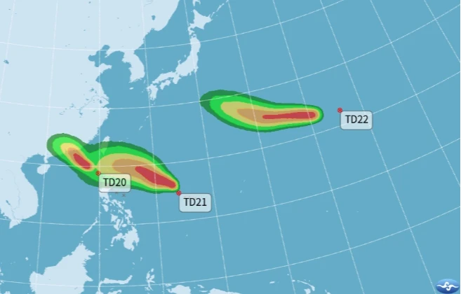 目前海面上有3個熱帶性低氣壓。中央氣象署提供