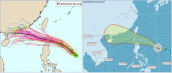 最新(19日20時)歐洲(ECMWF)系集模式模擬「樺加沙」的動向(左圖)、與最新(20日2時)氣象署「路徑潛勢預測圖」類似(右圖),系集模擬平均路徑,通過巴士海峽,個別模擬路徑則分散在兩側,顯示其動向的「不確定性」。取自氣象應用推廣基金會