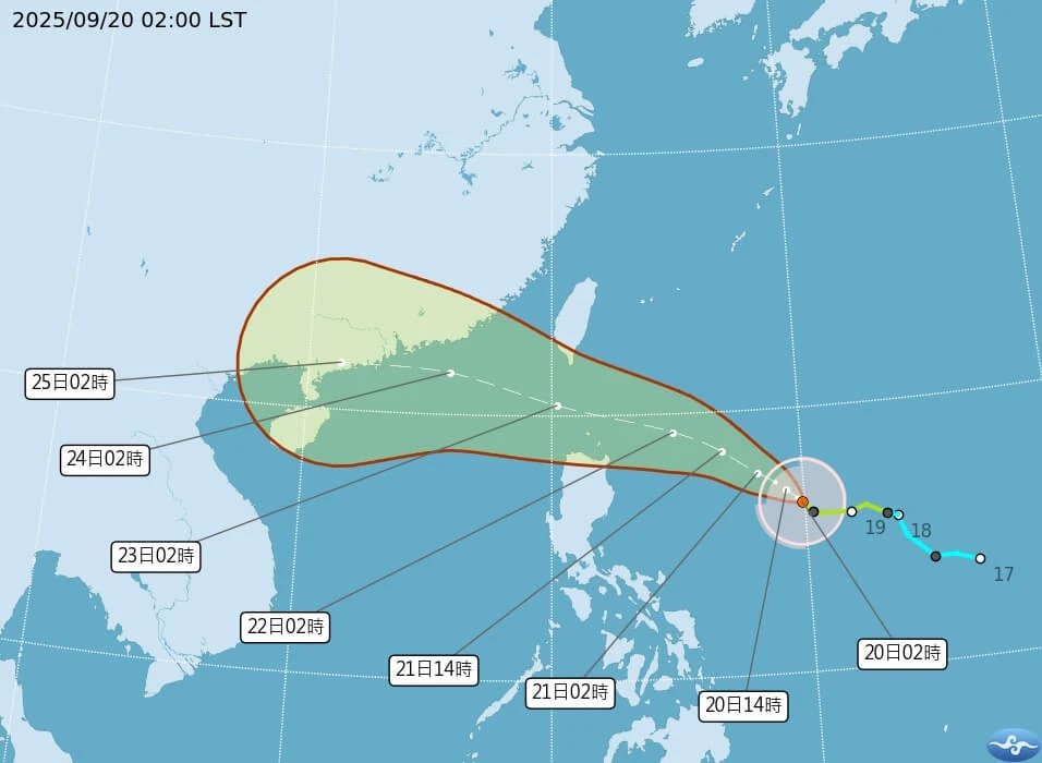 颱風樺加沙20日上午2時路徑潛勢預報。取自氣象署