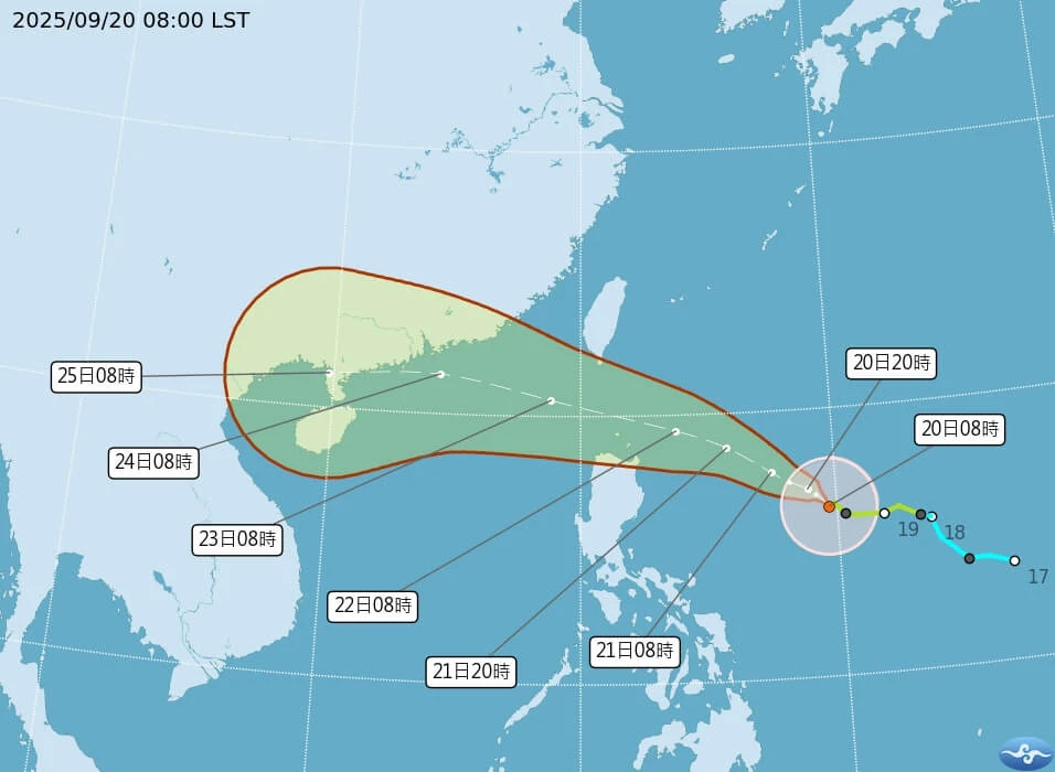 颱風樺加沙20日上午8時路徑潛勢預報。取自氣象署