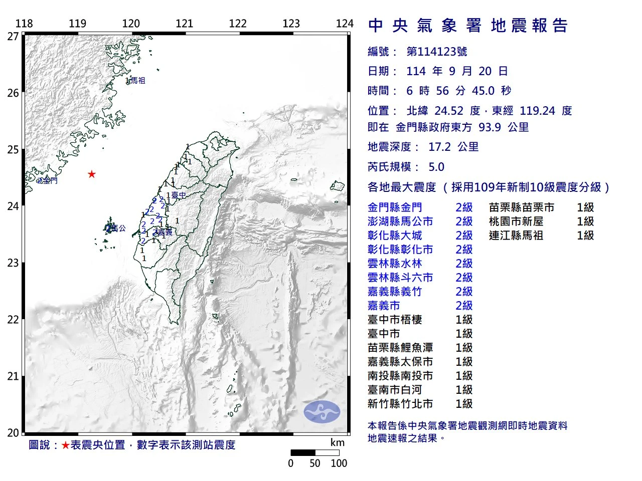 今晨金門外海發生規模5.0地震,震央(紅星標記處)位置相當少見。取自氣象署