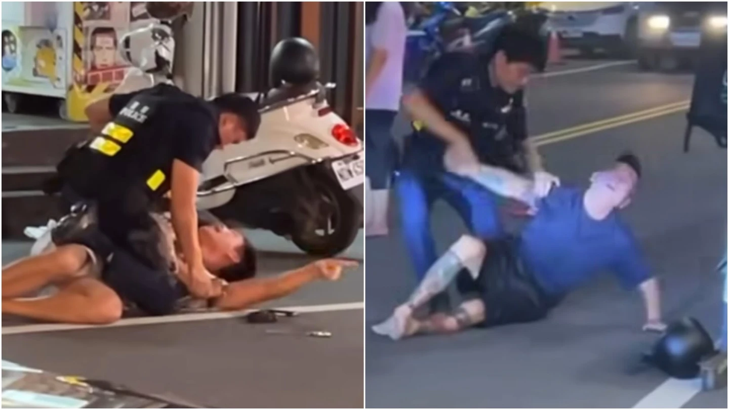 18日晚間南投埔里街頭有2名酒醉男子鬧事,分別遭警員制伏逮捕,模樣狼狽。取自Threads@
lv1757168