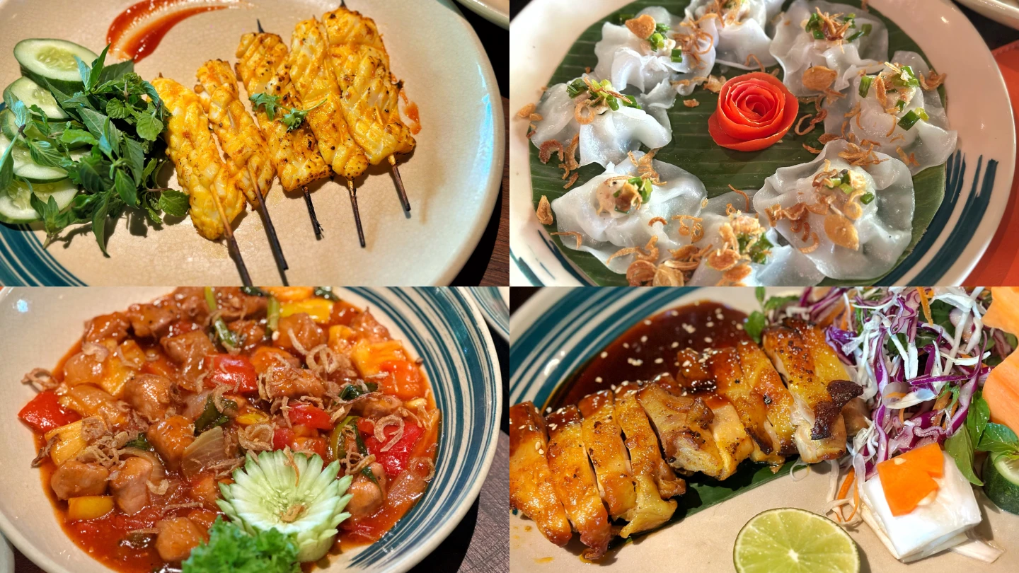 (左上-右下) 五味烤魷魚、白玫瑰餅、酸甜炒豬肉、香烤雞。劉沛妘攝