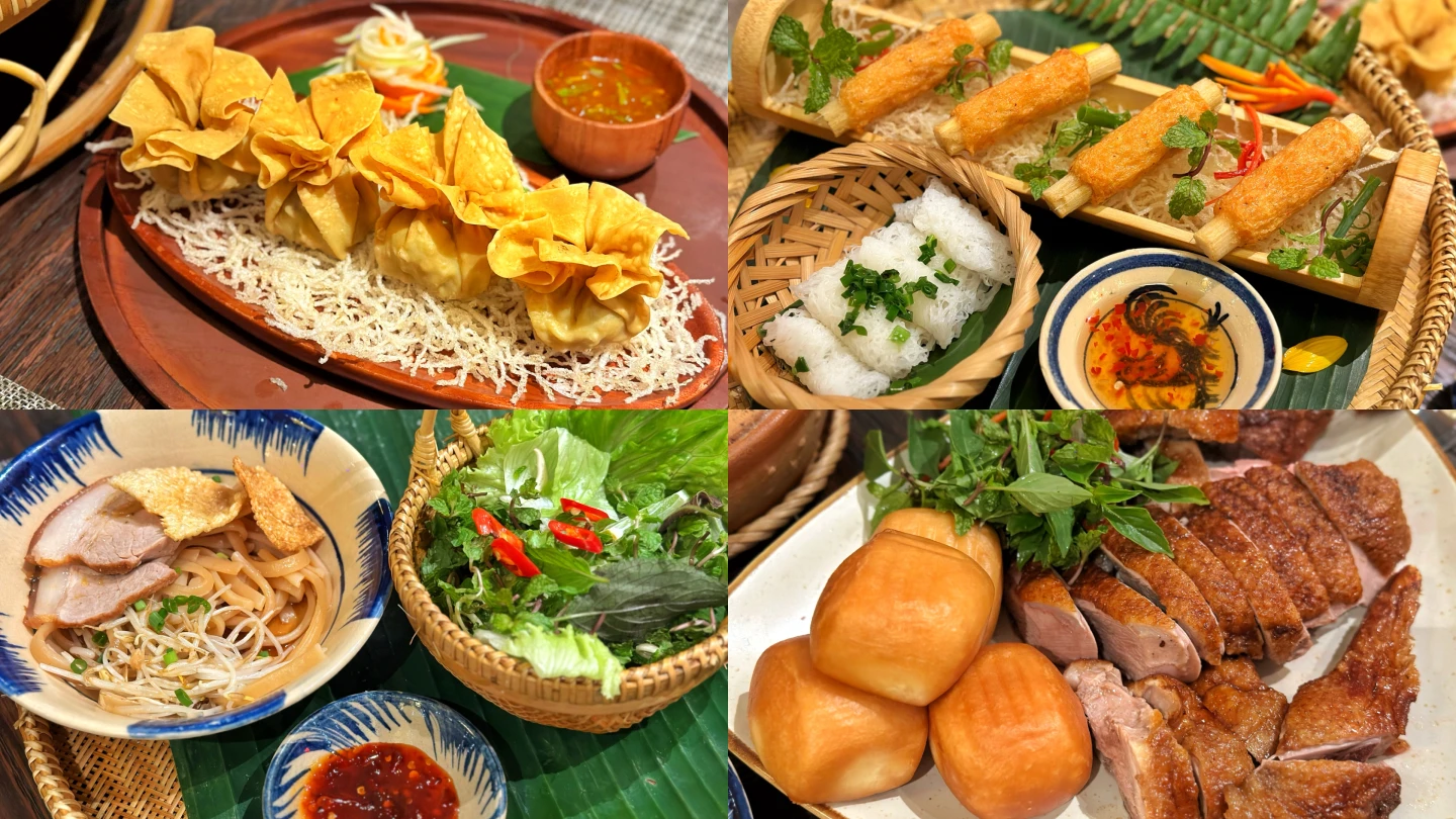 (左上-右下) 炸雲吞、甘蔗蝦、高樓麵、烤鴨(可樂旅遊團客限定)。劉沛妘攝