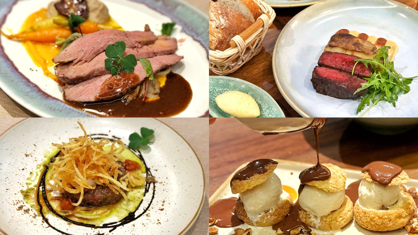 (左上-右下) 慢燉鴨、和牛西冷牛排、牛肉塔塔、泡芙。劉沛暈攝