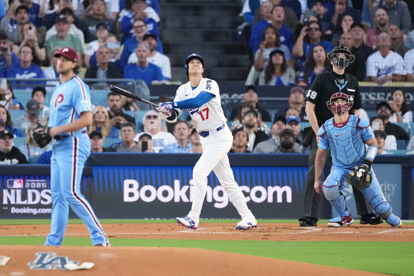 大谷翔平自季後賽首戰敲雙響砲後,打擊陷入低潮。美聯社