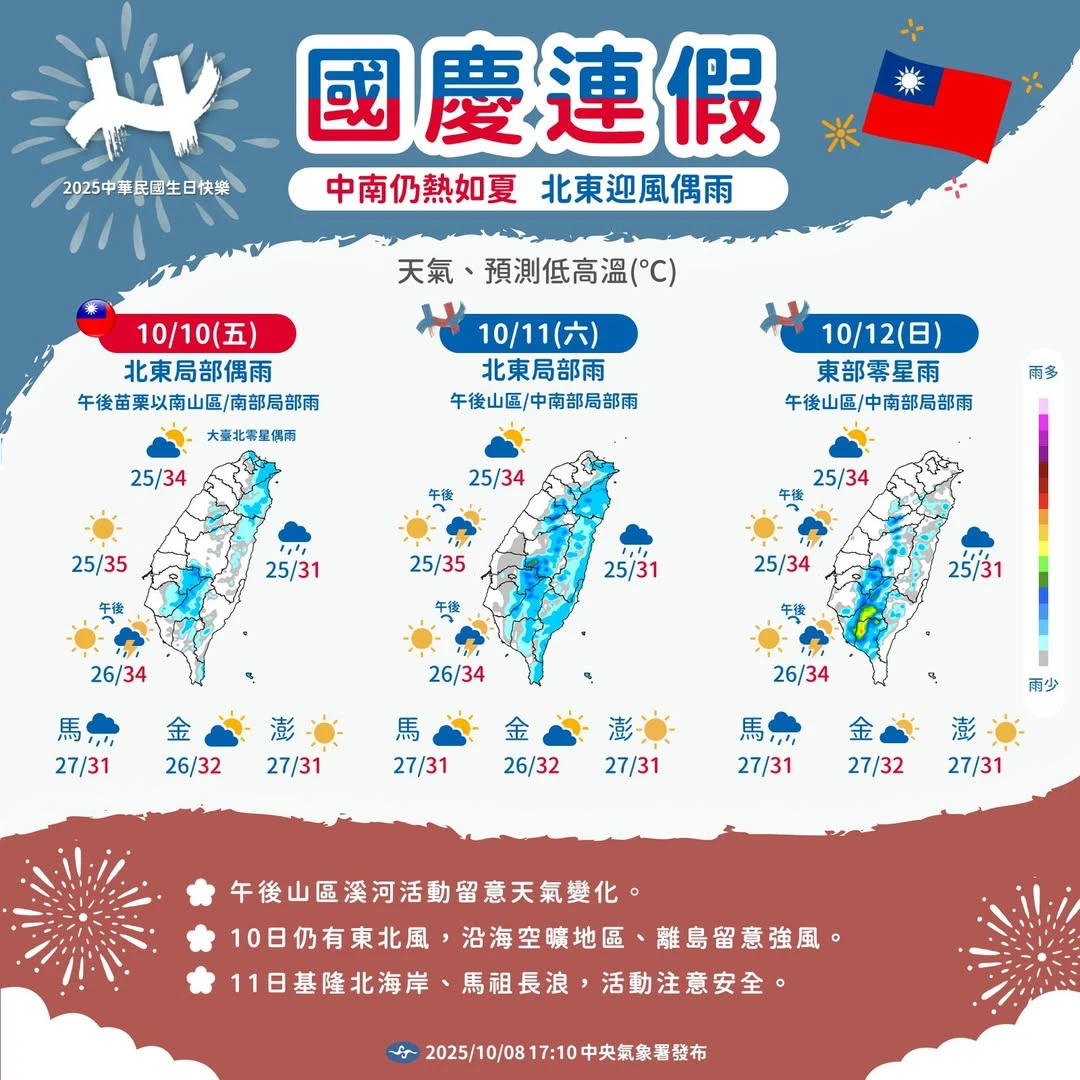 國慶連假天氣一圖看清。取自氣象署