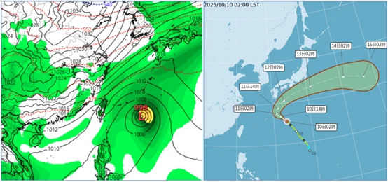 左圖:最新(9日20時))歐洲(AIFS)模式(19日20時)模擬圖顯示,第1波帶有明顯冷空氣的「東北季風」已抵達,台灣東側則另有一熱帶擾動發展。 右圖:最新(10日2時)氣象署「路徑潛勢預測圖」顯示,「輕颱娜克莉」向西北進行,逐漸逼近琉球東方海面,未來亦有大迴轉的路徑。取自氣象應用推廣基金會