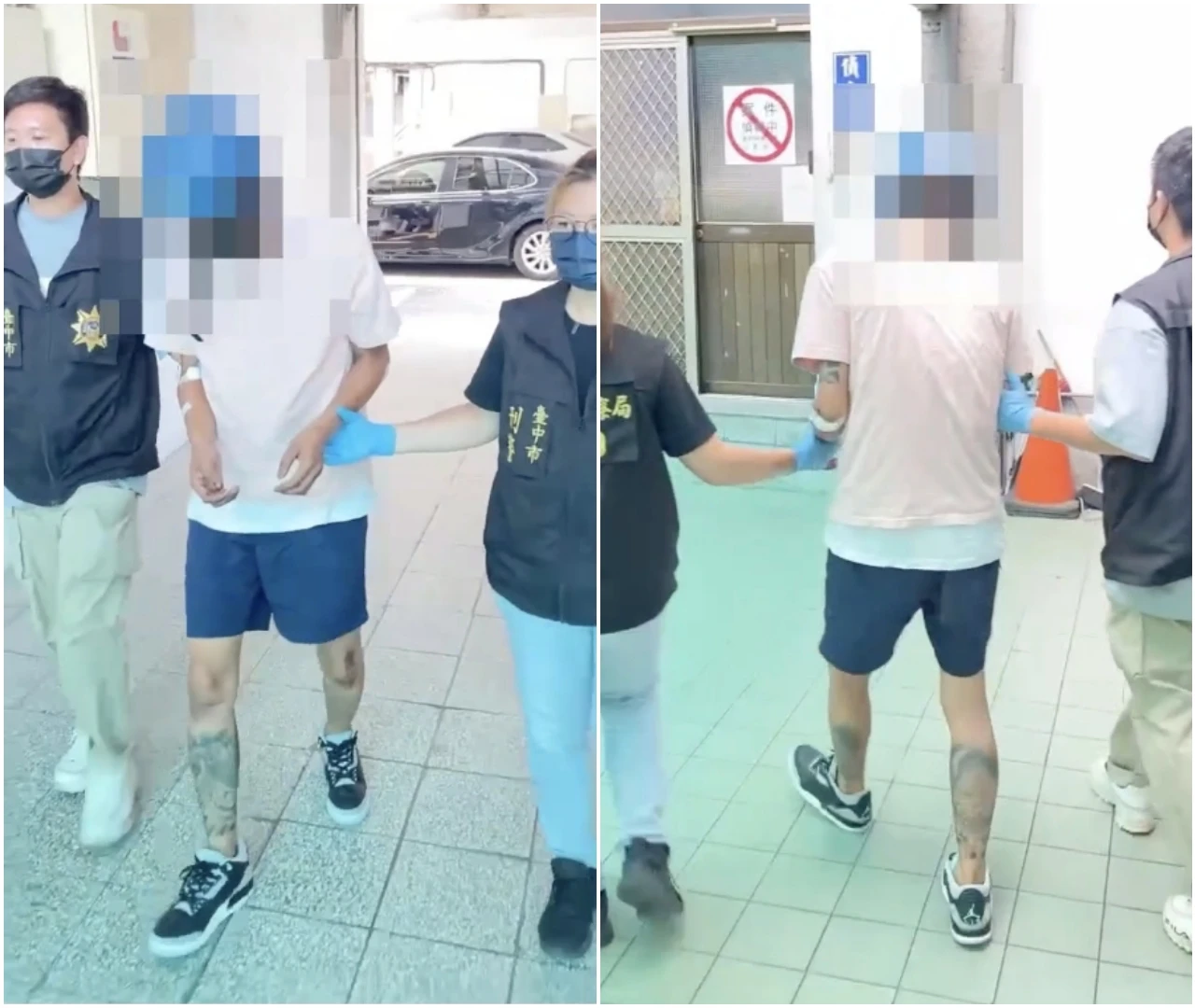 肇事劉男被戴上手銬,縮著身子,遭警方移送法辦。民眾提供