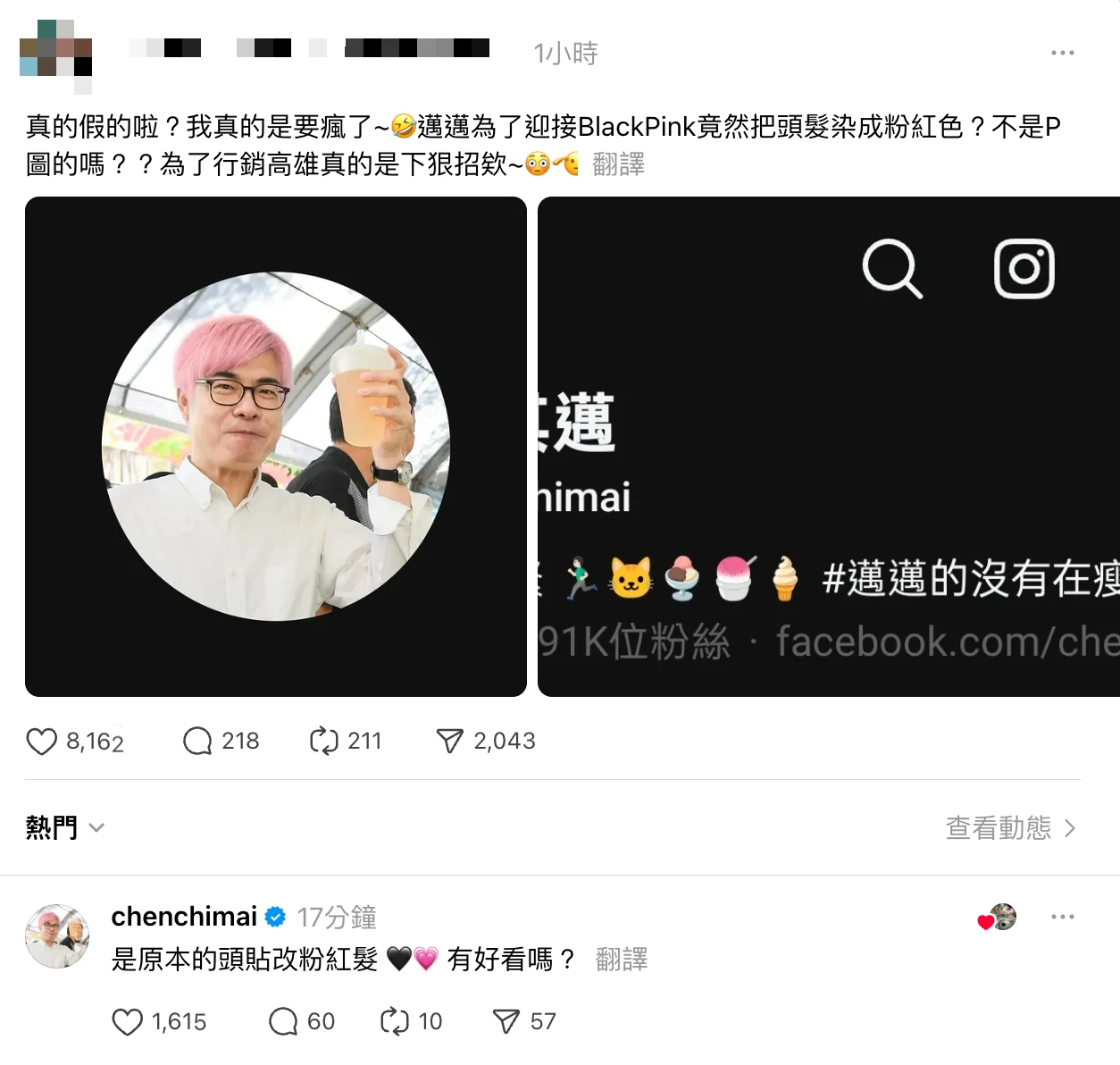 網友說陳其邁把頭髮變粉紅色「真是狠人!」陳其邁留言回覆:「是原本的頭貼改粉紅髮 🖤💗 有好看嗎?」民眾提供