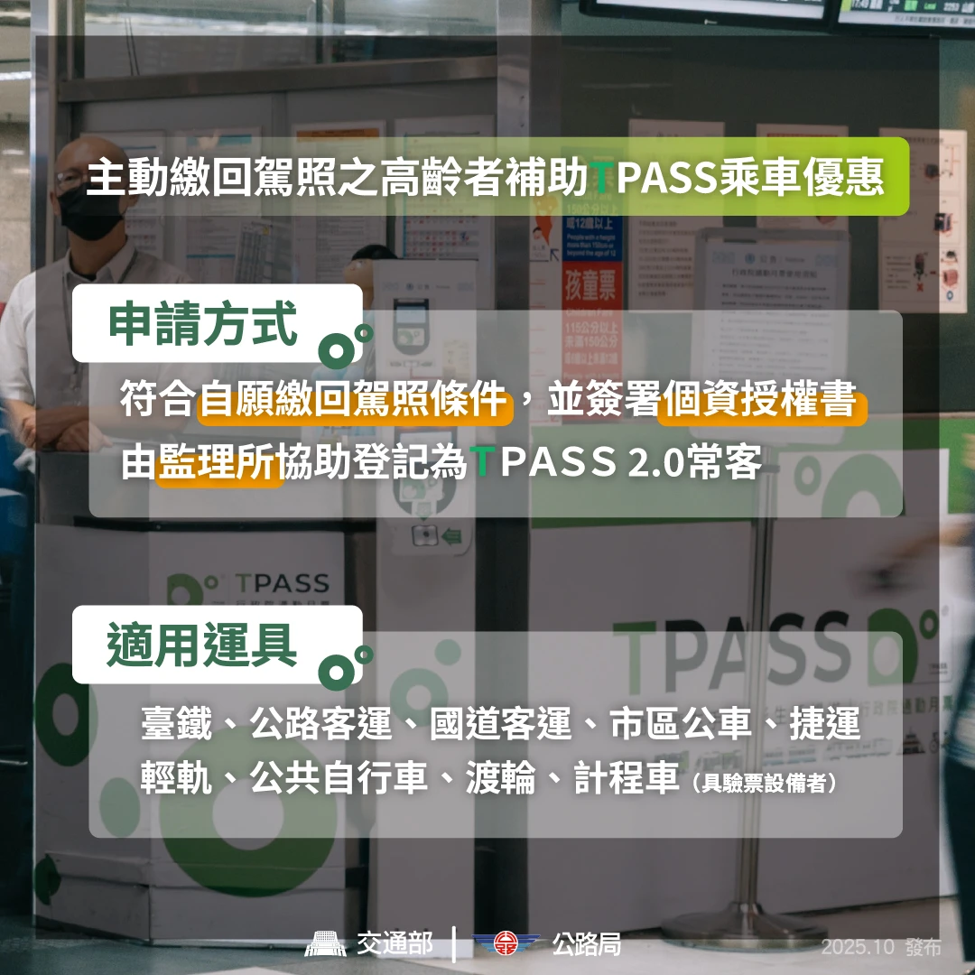 70歲以上「主動繳回駕照」優惠。取自FB @交通部