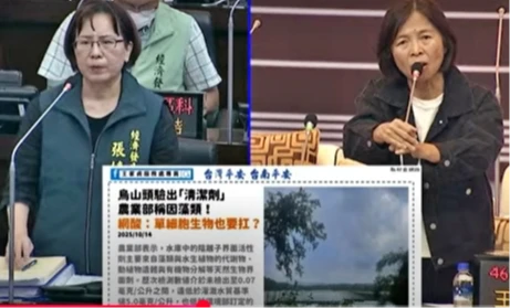 國民黨議員王家貞(右)直批台南弊案連連,市民不信政府數據。黨團提供
