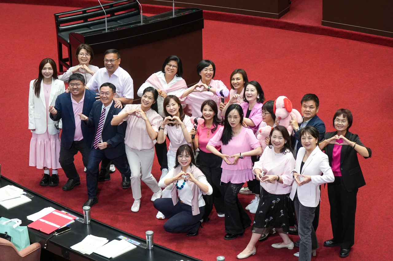 民進黨立委穿粉紅色系服飾搭上BLACKPINK熱潮。梁建裕攝