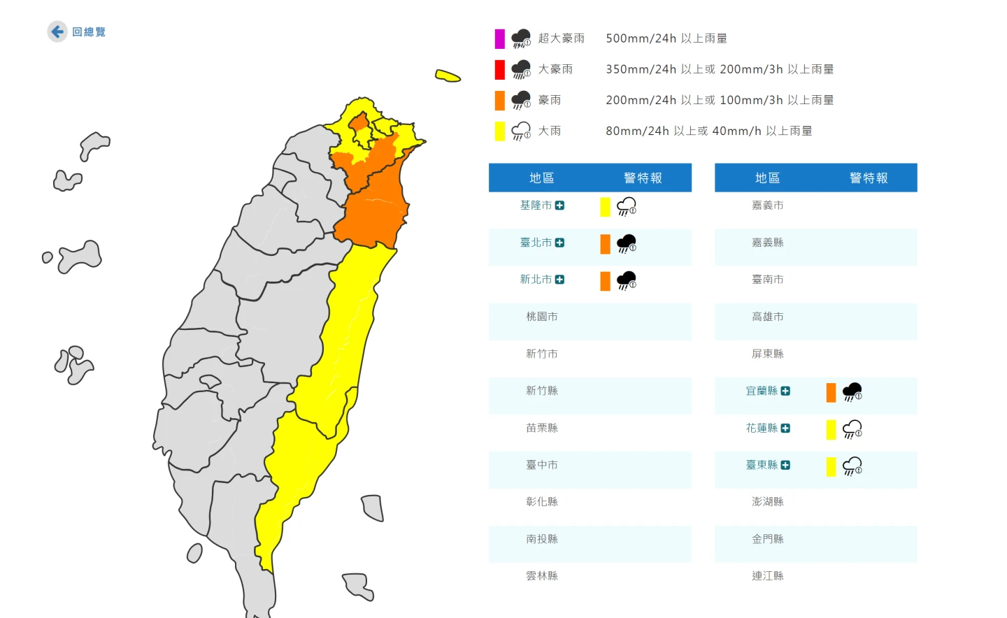 中央氣象署今天上午8時35分針對雙北市和宜蘭地區發布豪雨特報。取自氣象署官網