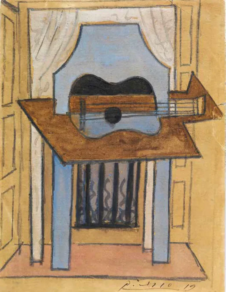 消失的畢卡索1919年水粉畫作《吉他靜物》(Still Life with Guitar)。取自CajaGranada基金會