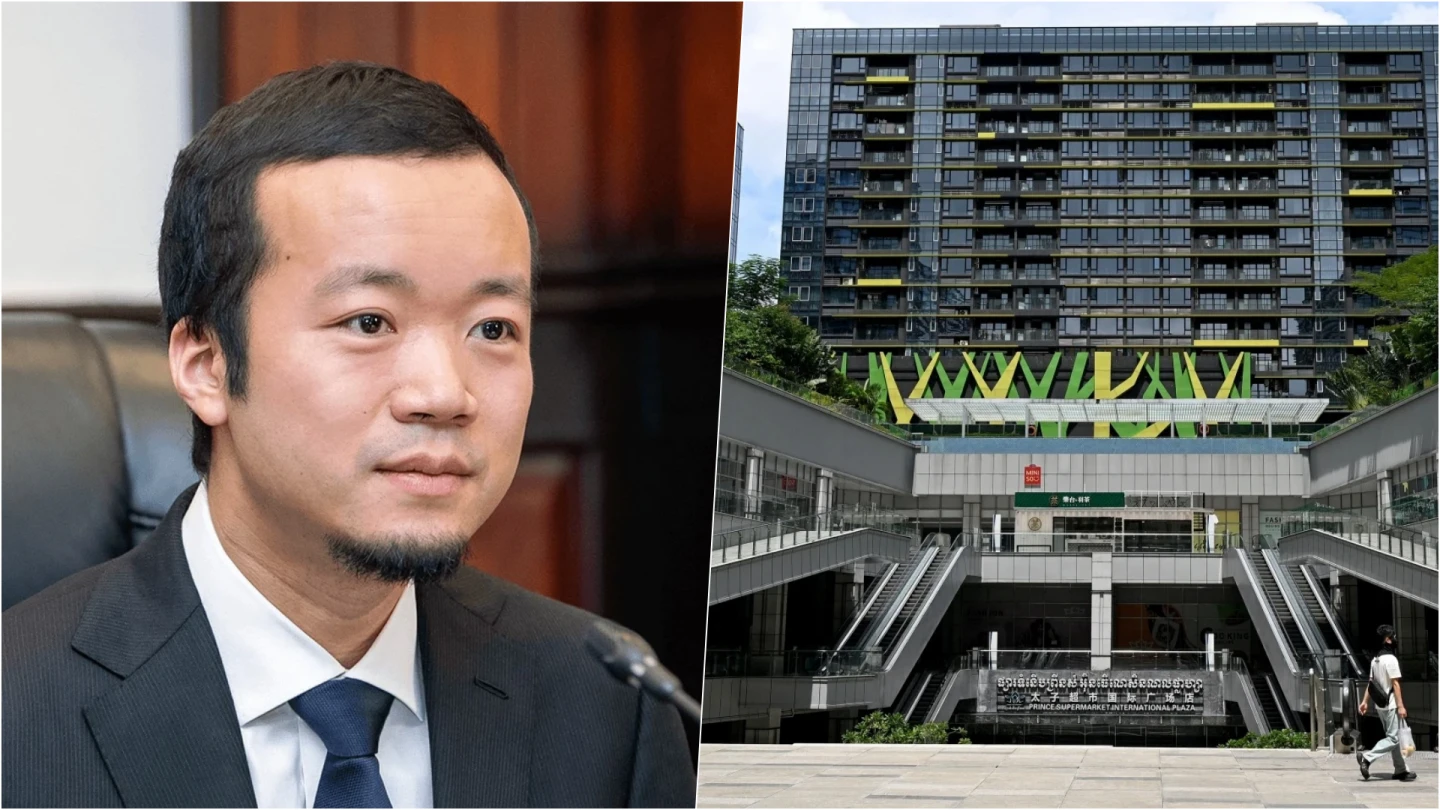 中國移民陳志(左)的太子集團在柬埔寨是知名大企業,右圖為首都金邊的太子國際廣場,十分氣派。法新社