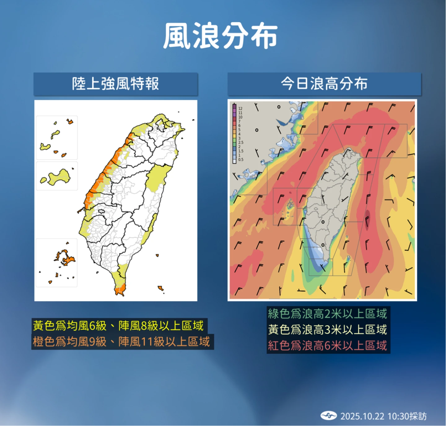 基本上台灣沿海附近都是一個屬於3米以上浪高。氣象署提供