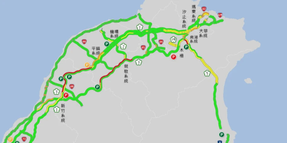 國1高架楊梅端-新竹、國3三鶯-高原、國5南港系統-石碇等南向路段,時速持續低於40公里。翻攝高速公路1968