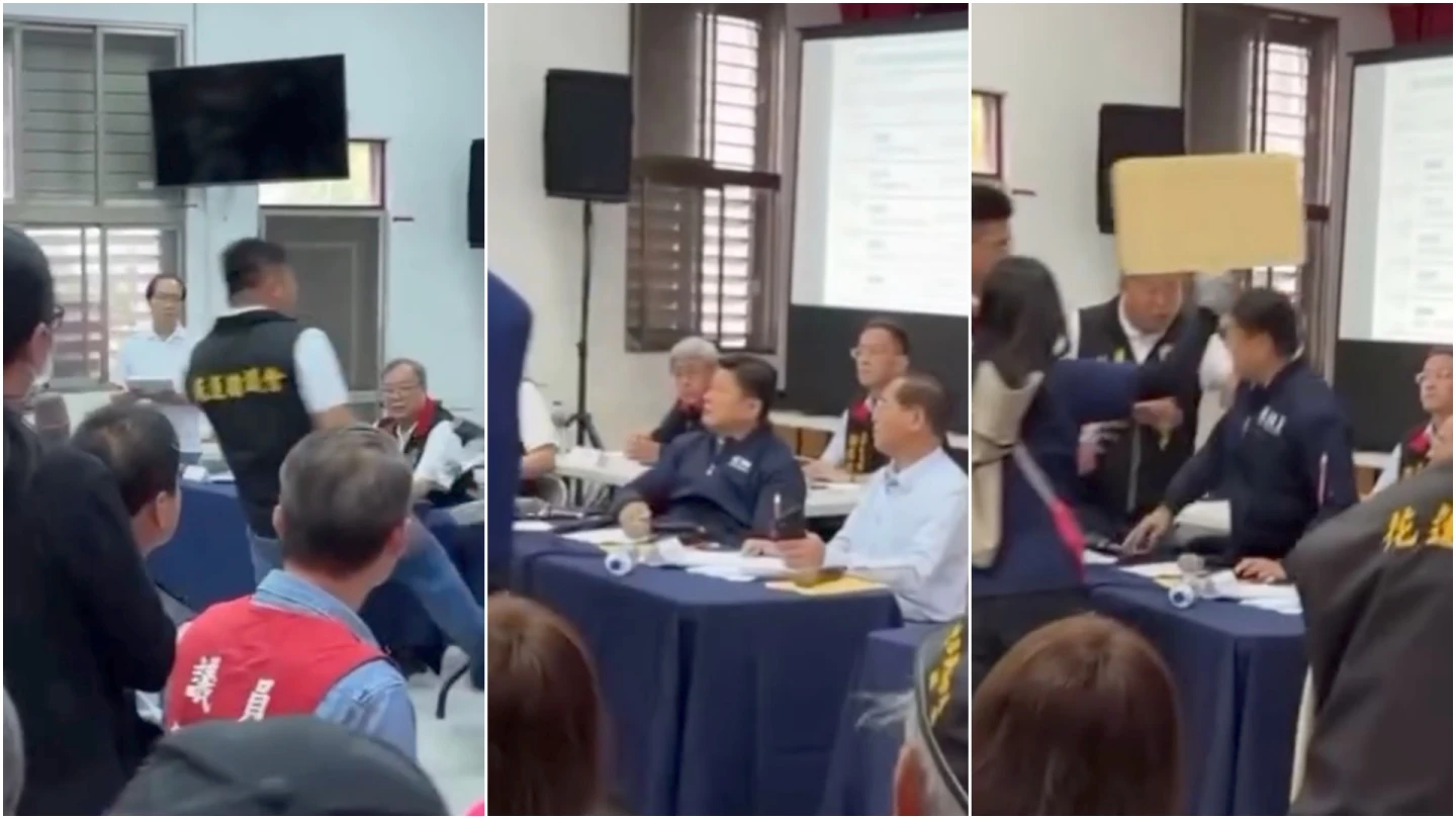 面對氣勢洶洶的花蓮議長張峻出腳猛踹桌子(左),原本坐著的國民黨立委傅崐萁(中)一度相當錯愕,接著雙方相互指責怒罵(右)。取自Threads@花蓮議會觀察聯盟(花察盟)