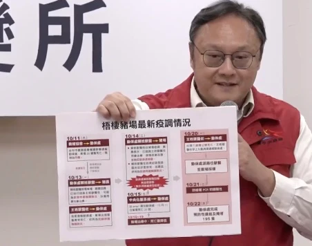 台中市副市長說明最終疫調結果,並針對疫調「校正回歸」首度對外致歉。取自FB@農業部