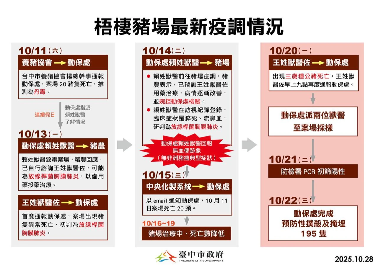 中市府還原最新非洲豬瘟案發場疫調狀況。中市府提供