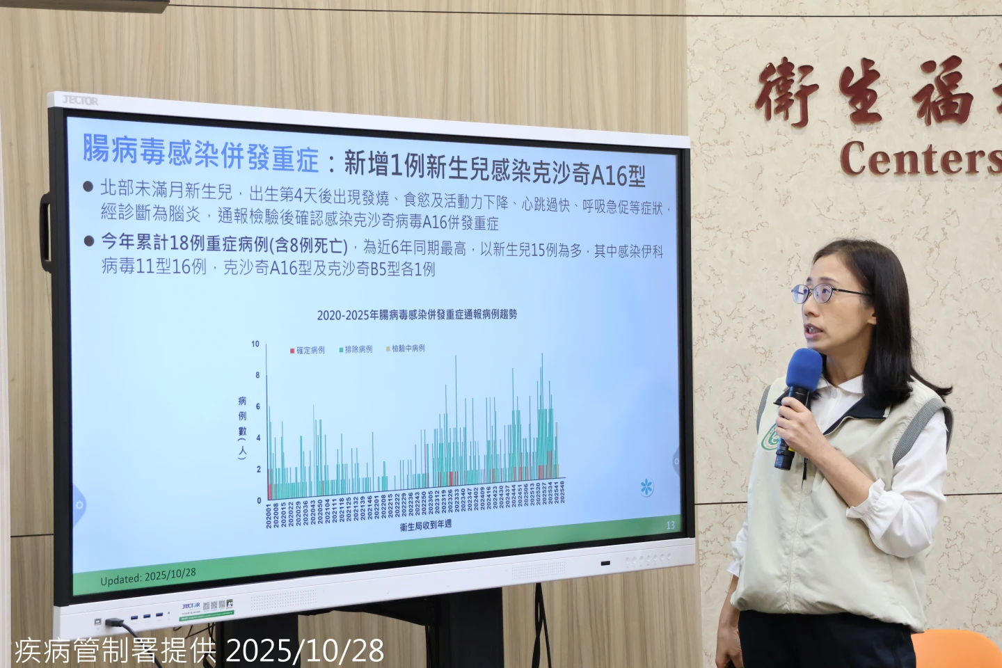 疫情中心副主任李佳玲說明上周新增一例新生兒腸病毒重症。疾管署提供