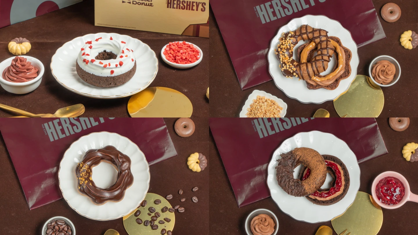 覆盆莓可可多拿滋、咖啡巧克力波堤、杏仁巧克力波堤、黑森林可可多拿滋。Mister Donut提供