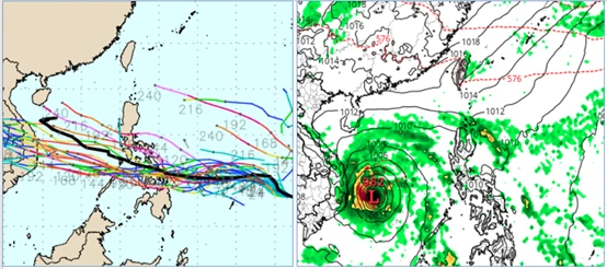 最新(31日20時)歐洲系集模式(ECMWF))模擬(左圖)顯示,熱帶系統將在菲律賓東方海面發展,偏西進行,通過菲律賓中部、進入南海,再朝越南前進;歐洲模式(ECMWF)下週四(6日)20時模擬(右圖)顯示,其共伴效應發生在呂宋島。取自氣象應用推廣基金會