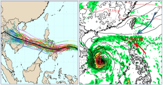 吳德榮指出,最新(1日20時)歐洲系集模式(ECMWF))模擬(左圖)顯示,「輕颱海鷗」在菲律賓東方海面偏西進行,通過菲律賓中部、進入南海,再朝越南前進;最新歐洲模式(ECMWF)週四(6日)20時模擬圖(右圖)顯示,其距台灣很遠,且共伴效應弱、發生在呂宋島,不在台灣。(左圖擷自weathernerds,右圖擷自tropical tidbits)