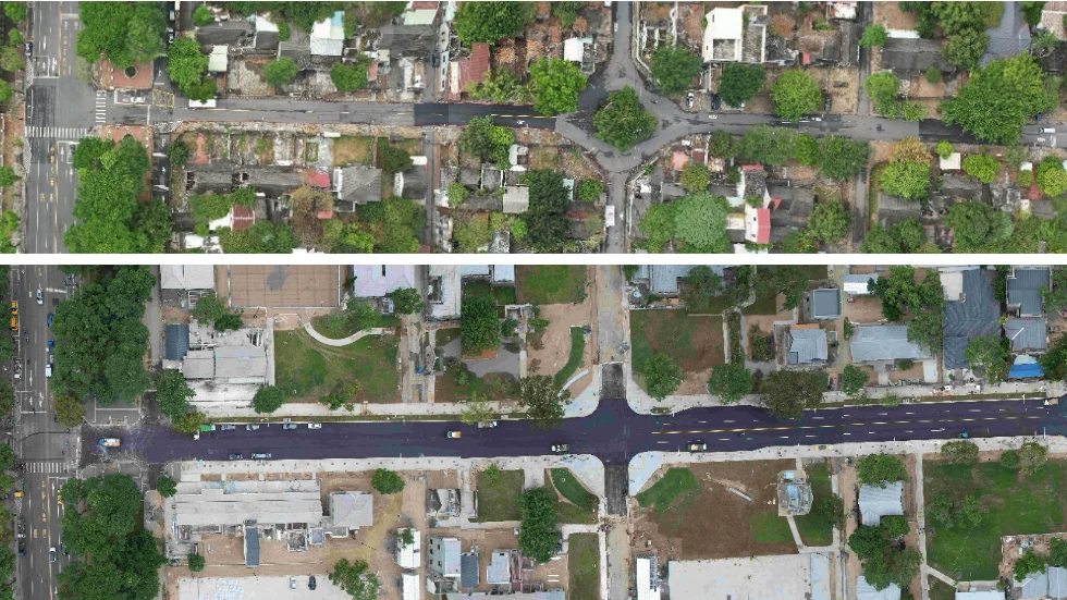 緯六路拓寬工程將原有路面(上)從寬度從9米,拓寬至20米(下)。高市府提供