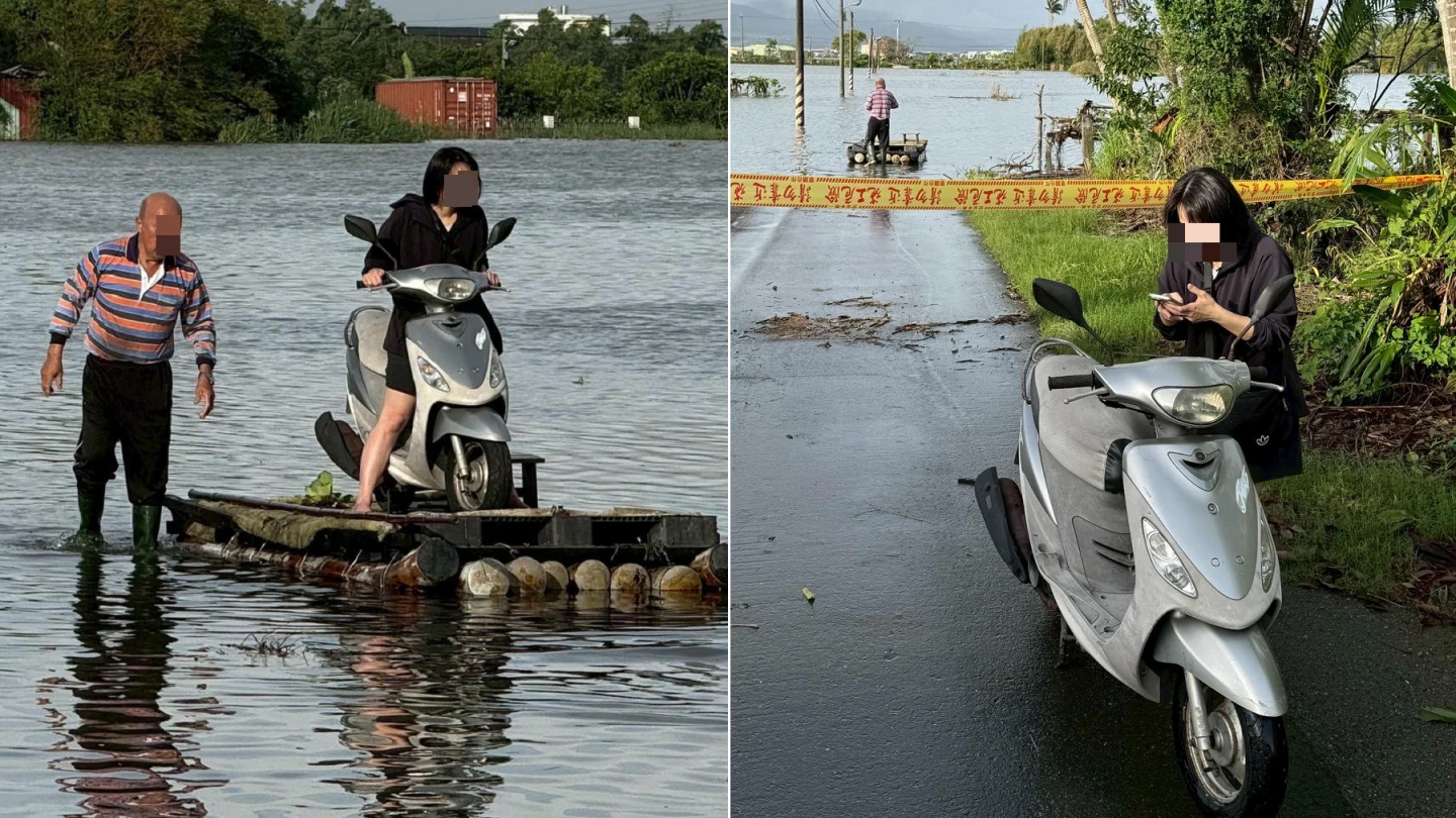 宜蘭五結淹成汪洋！護理師急到院救傷「人車搭竹筏」脫困　勇父涉水護送畫面曝