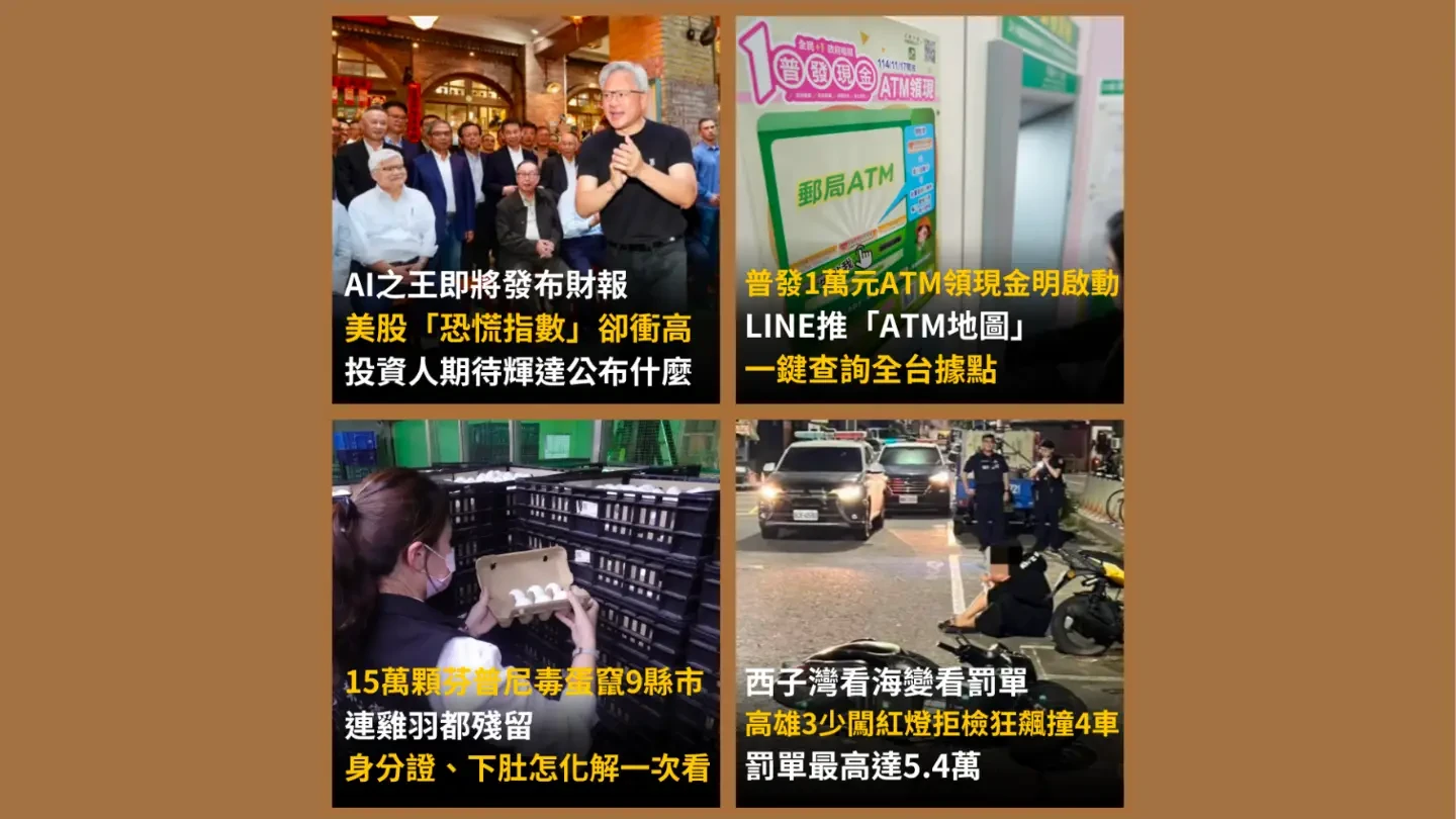 今日精選｜輝達將發財報美股「恐慌指數」卻衝高／普發1萬領現LINE推ATM地圖