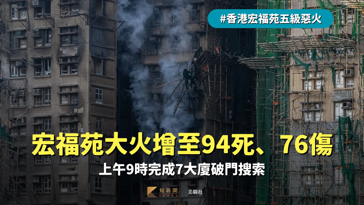 香港惡火｜宏福苑大火增至94死、76人受傷　上午9時完成7大廈破門搜索