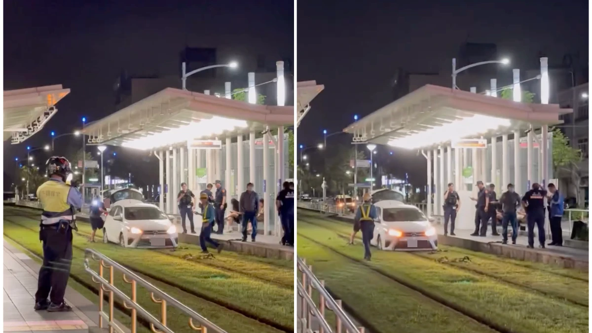 有片｜驚險！轎車離奇卡高雄輕軌軌道　列車司機員「關鍵1秒煞停」