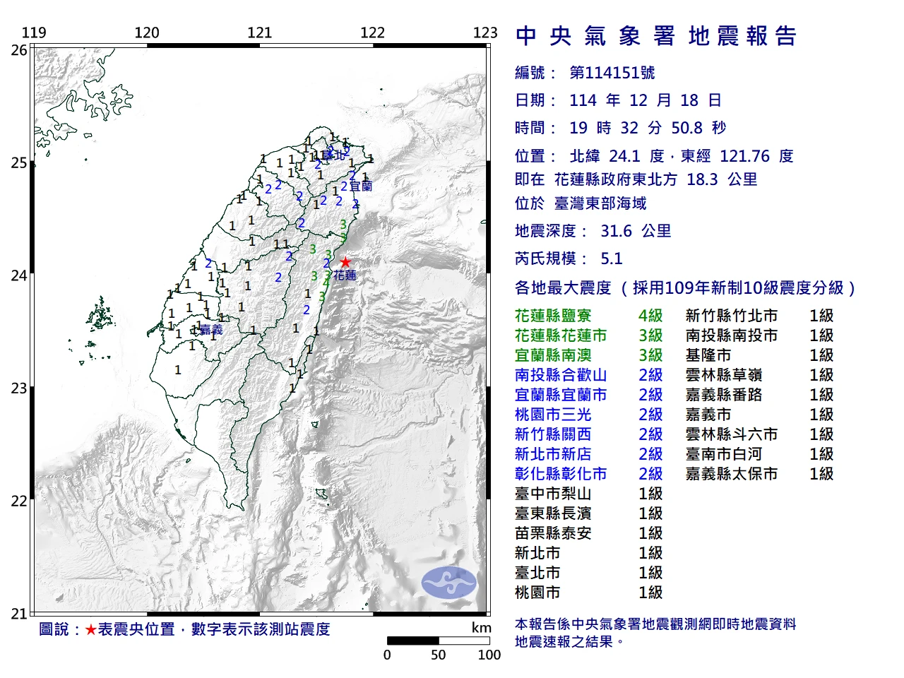 雙北明顯搖晃！19:32東部外海規模5.1地震　花蓮鹽寮最大震度4級