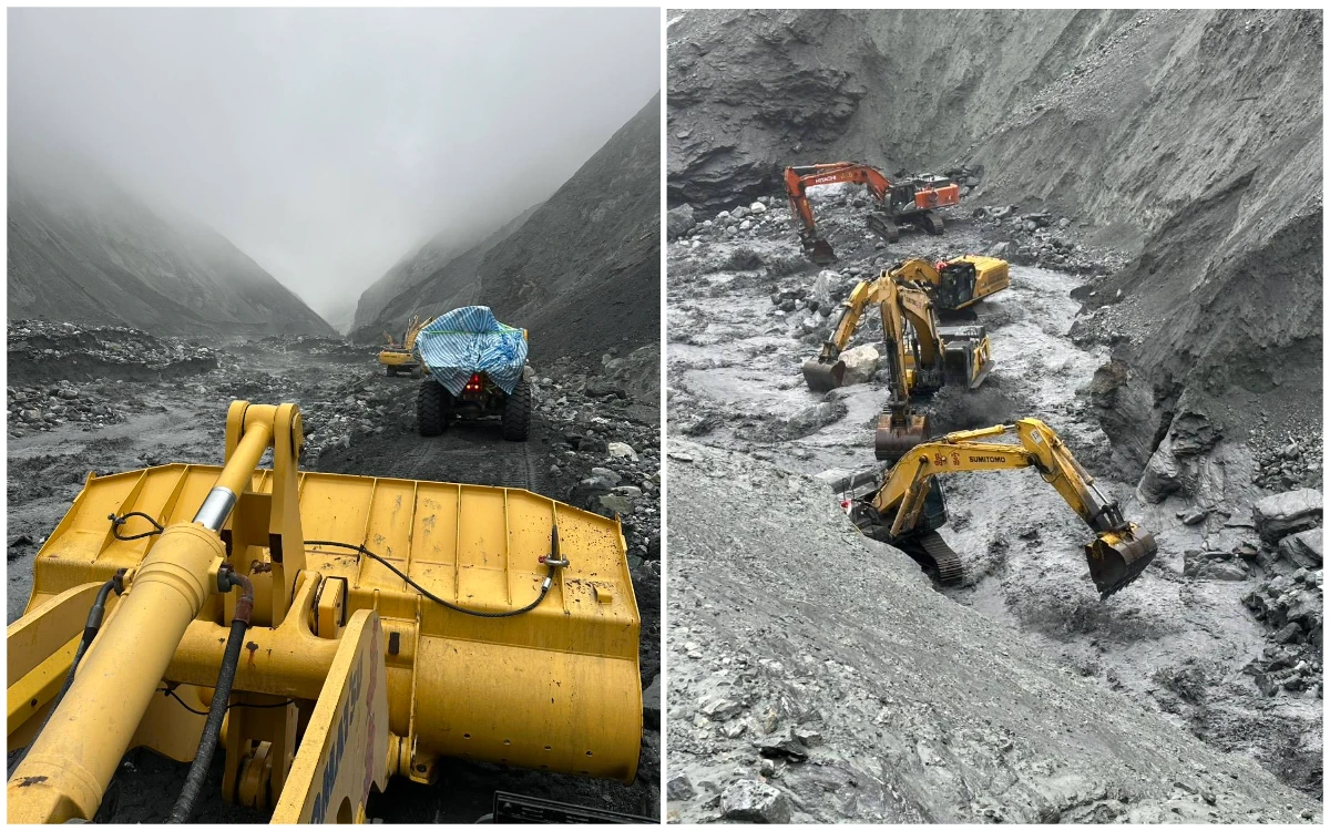 有片｜開挖馬太鞍溪堰塞湖！4重機具瞬遭土石吞沒　施工隊冒險登壩頂降畫面曝