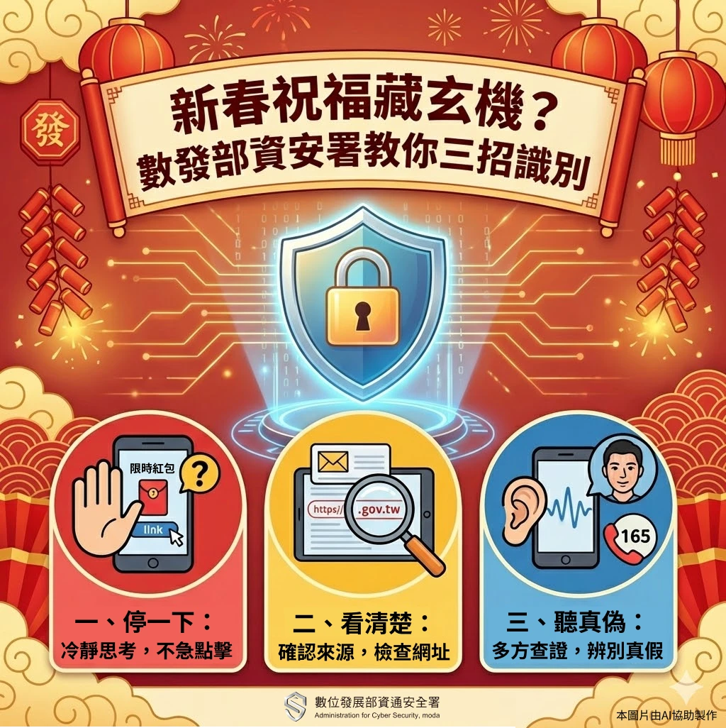 大年初一春節祝福藏玄機！數發部資安署提3大步驟　辨識新年社交工程陷阱