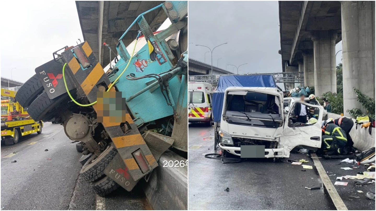 通勤注意！國道1號北上5車連環撞　水泥車追尾翻覆釀1死4傷悲劇