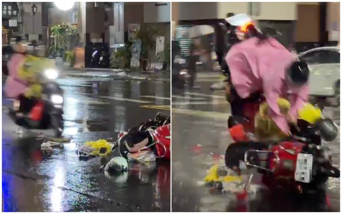 有片｜雨天深夜闖紅燈！女騎士撞機車倒地　後車再撞上空中翻滾釀4傷