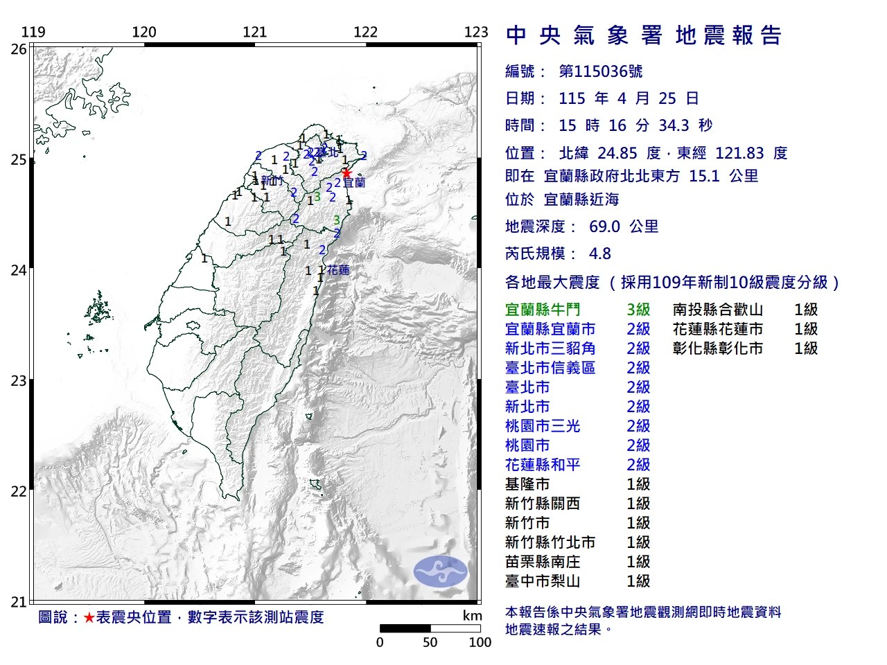 15：16宜蘭規模4.8地震　最大震度3級