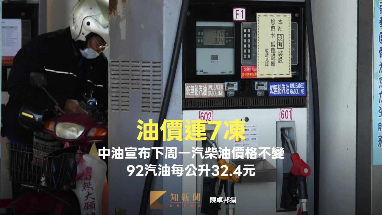 油價連7凍！中油宣布下周一汽柴油價格不變　92汽油每公升32.4元