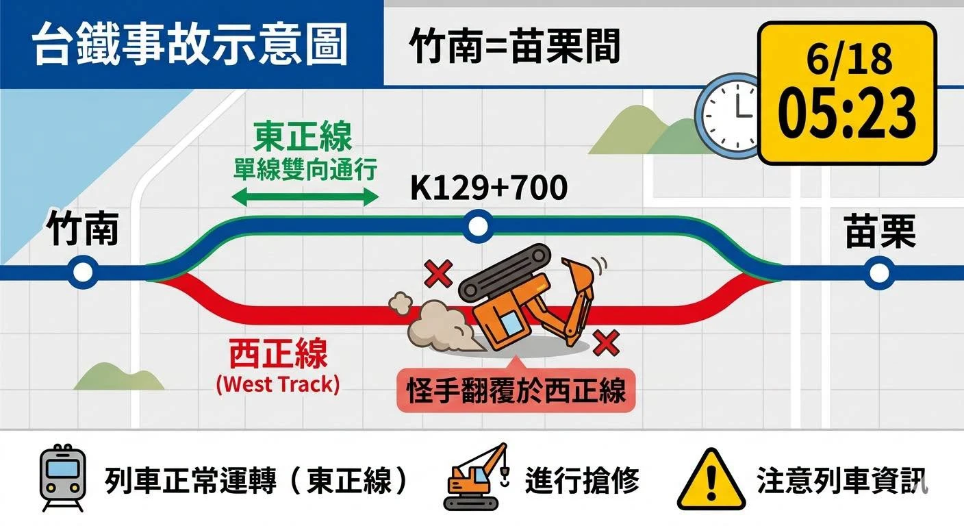 怪手翻覆誤通勤！台鐵「苗栗至竹南」單線雙向行車　估9時搶修完成